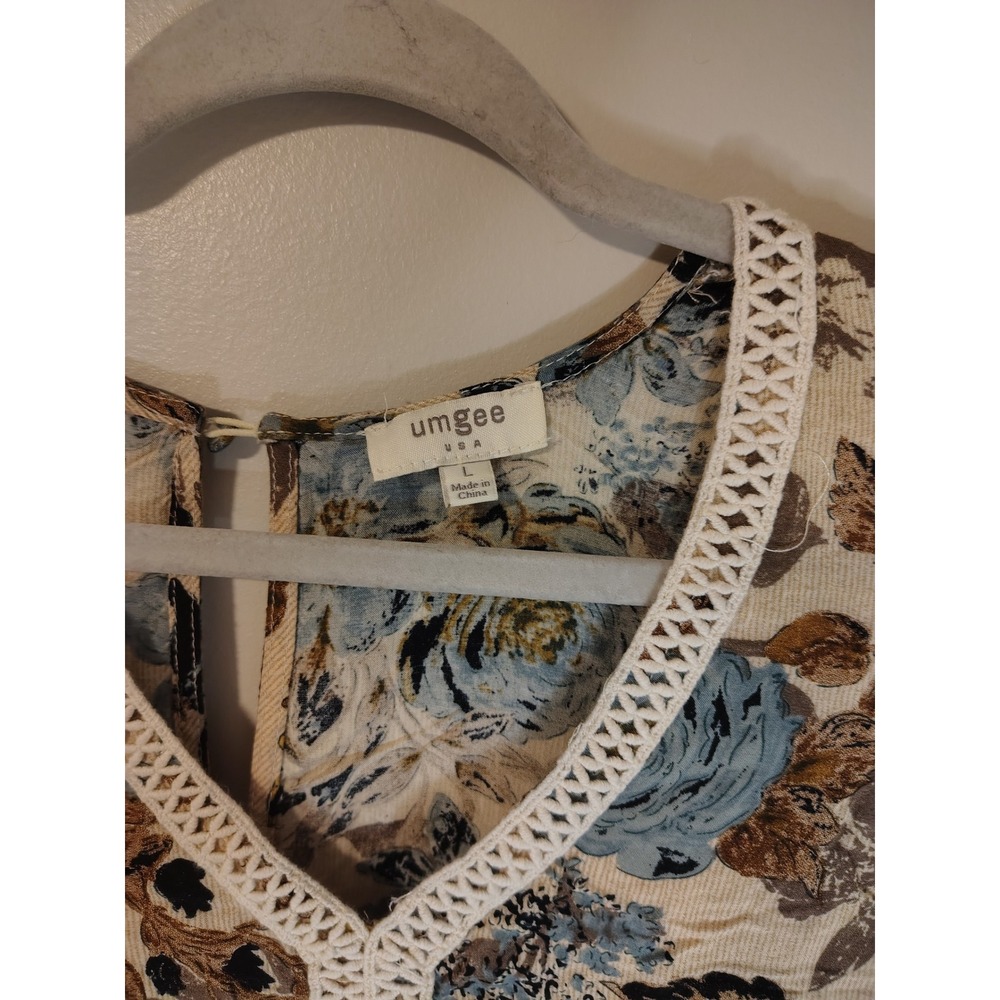 Umgee USA Floral Boho Mini Dress Long Bell Sleeve Crochet Lace Beige Blue Large - Picture 10 of 12